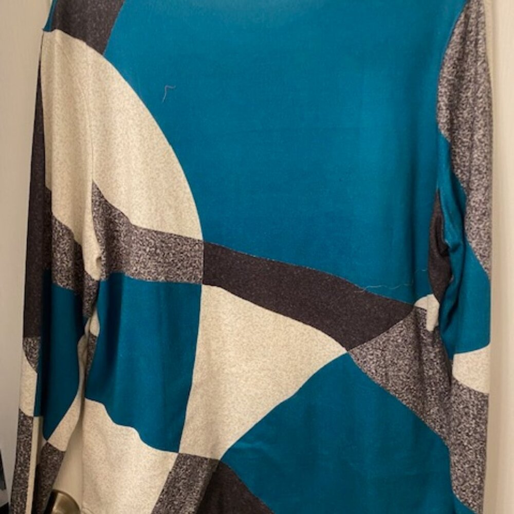 Teal blue, black & grey geometric design top